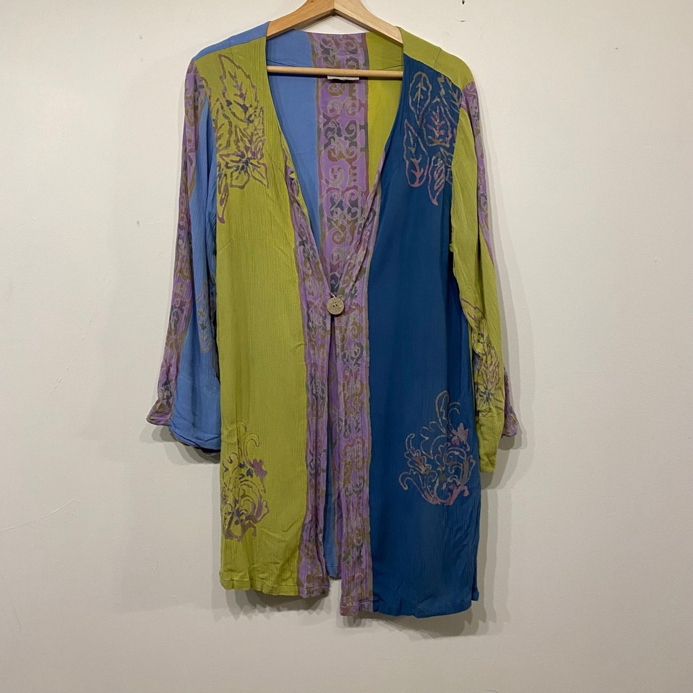 Soft Surroundings Colorblock Crinkle Gauze Cardigan Boho Floral Blue Green L/S